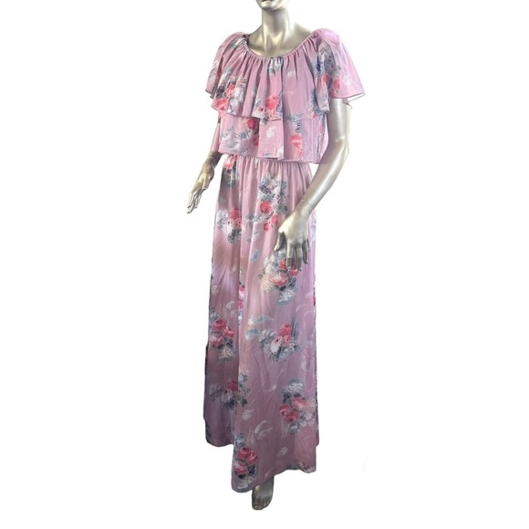 Vintage 70s Tiered Floral Maxi Dress Dusty Rose Pink Flower Child Hippie Boho - Picture 3 of 11